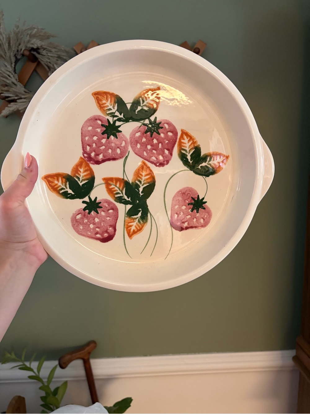 Hand-Painted Strawberry Ceramic Baking Dish - Pink & Green